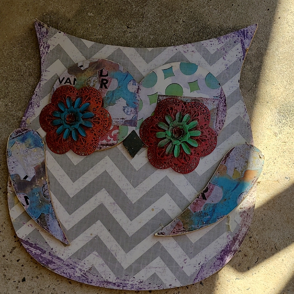 Chevron Pattern Owl Wall Art with Floral Accents
